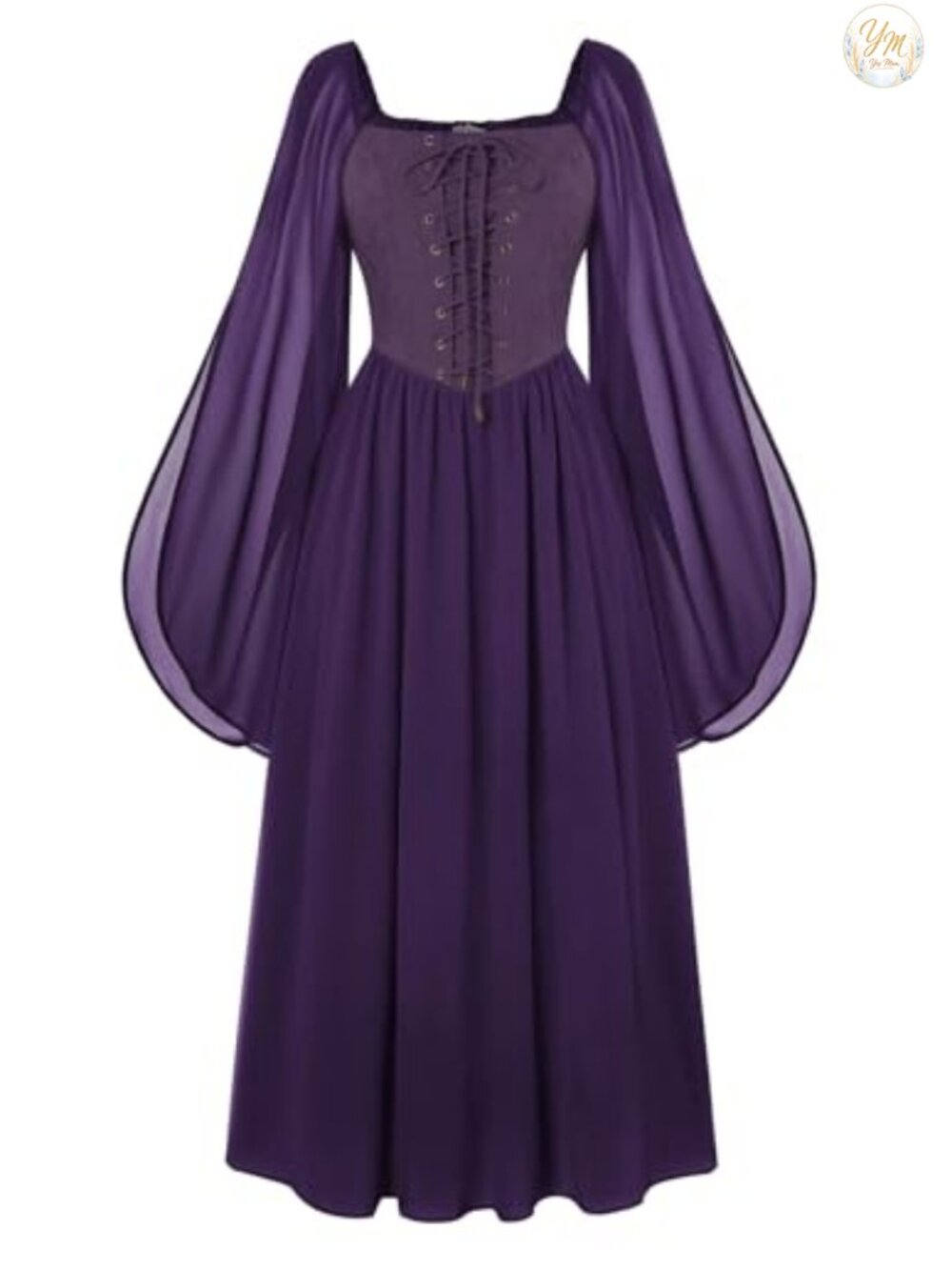 Renaissance Medieval Witch Costume Dress Long Bell Sleeve Chiffon